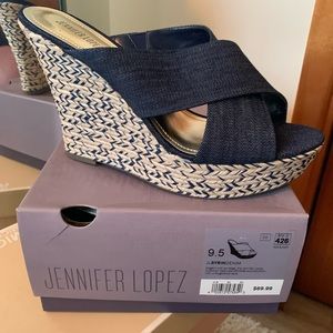 Jennifer Lopez denim straw heeled open toed wedge brand new